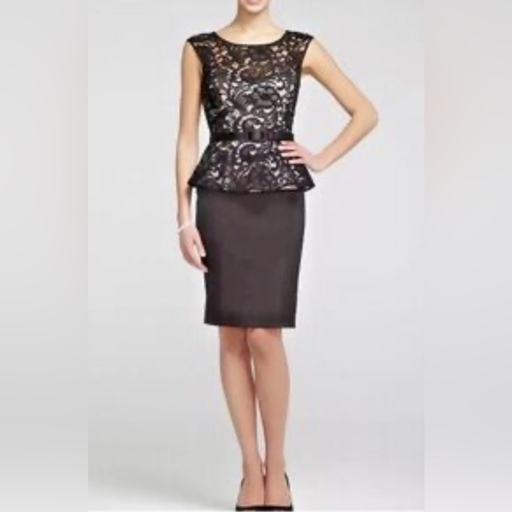 Elegant Black Lace and Satin Peplum Cocktail Dress